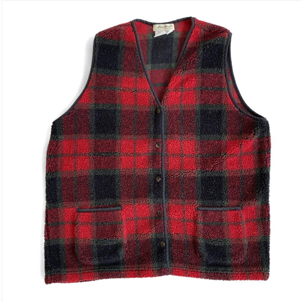 EDDIE BAUER Fuzzy Fleece Vest RED/GREEN/NAVY TARTAN PLAID Button-Up Pockets SZ S